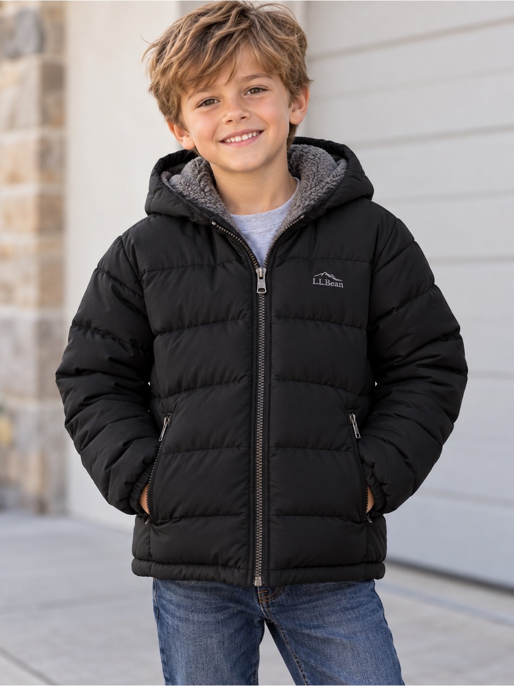 L.L. Bean Kids Puffer Jacket Size 8 Small Black Fleece Lined Hooded